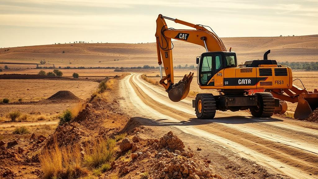 Excavadora construyendo camino rural de tierra